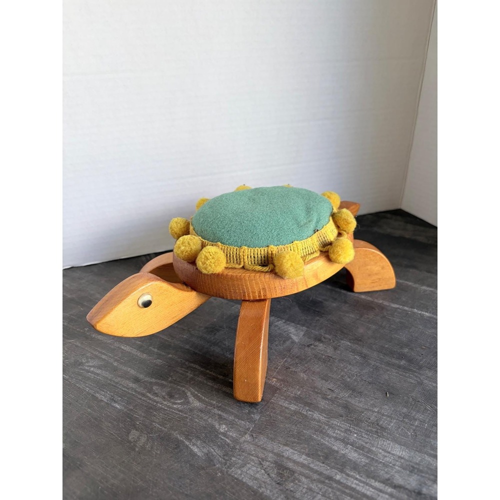Vintage Wooden Turtle Pincushion Green Cushion Yellow Pom Poms Mid Century Decor